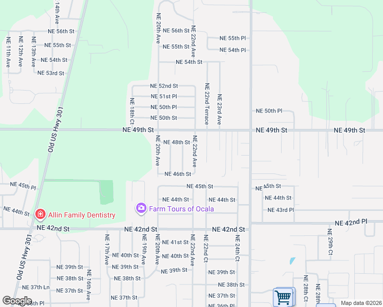map of restaurants, bars, coffee shops, grocery stores, and more near 4708 Northeast 22nd Avenue in Ocala