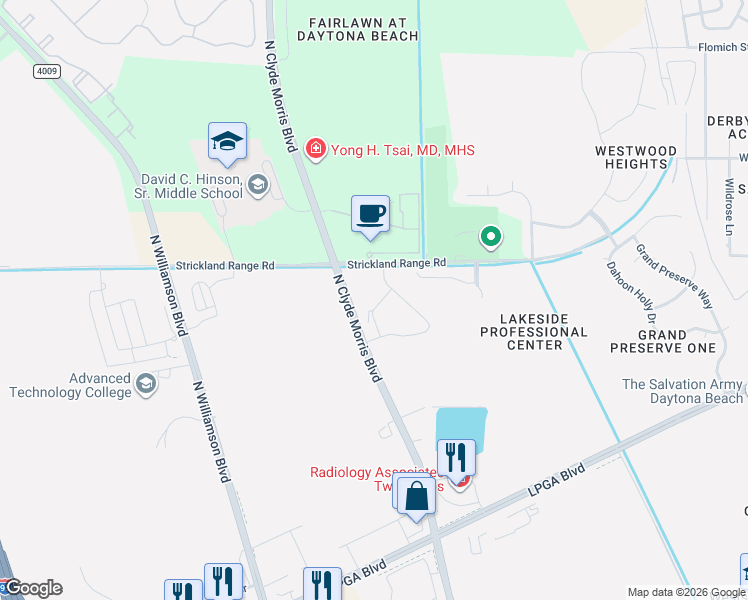 map of restaurants, bars, coffee shops, grocery stores, and more near 241 Tarracina Way in Daytona Beach