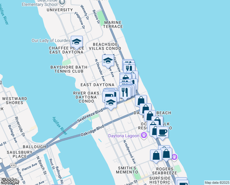 map of restaurants, bars, coffee shops, grocery stores, and more near 642 North Wild Olive Avenue in Daytona Beach