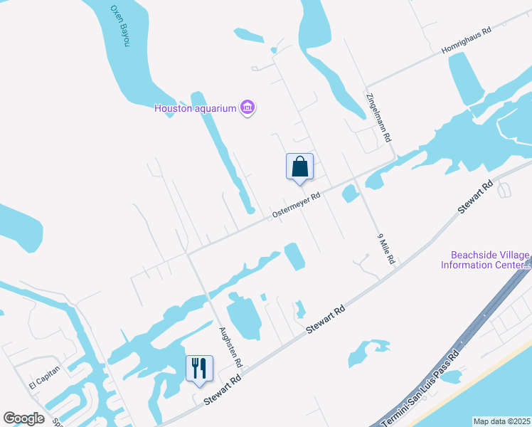 map of restaurants, bars, coffee shops, grocery stores, and more near 12012 Ostermeyer Road in Galveston