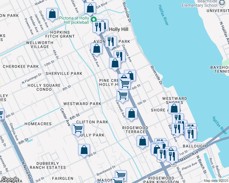 map of restaurants, bars, coffee shops, grocery stores, and more near 618 Ridgewood Avenue in Holly Hill
