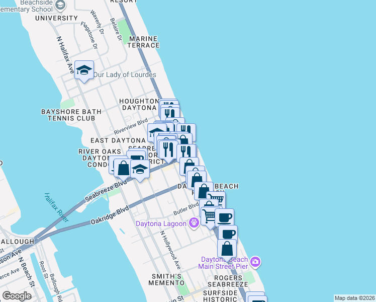 map of restaurants, bars, coffee shops, grocery stores, and more near 600 North Atlantic Avenue in Daytona Beach