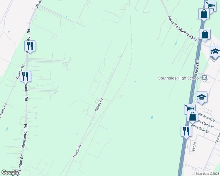 map of restaurants, bars, coffee shops, grocery stores, and more near 19050 Tejeda Road in San Antonio