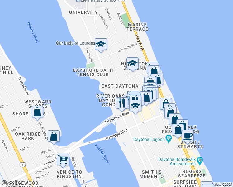 map of restaurants, bars, coffee shops, grocery stores, and more near in Daytona Beach