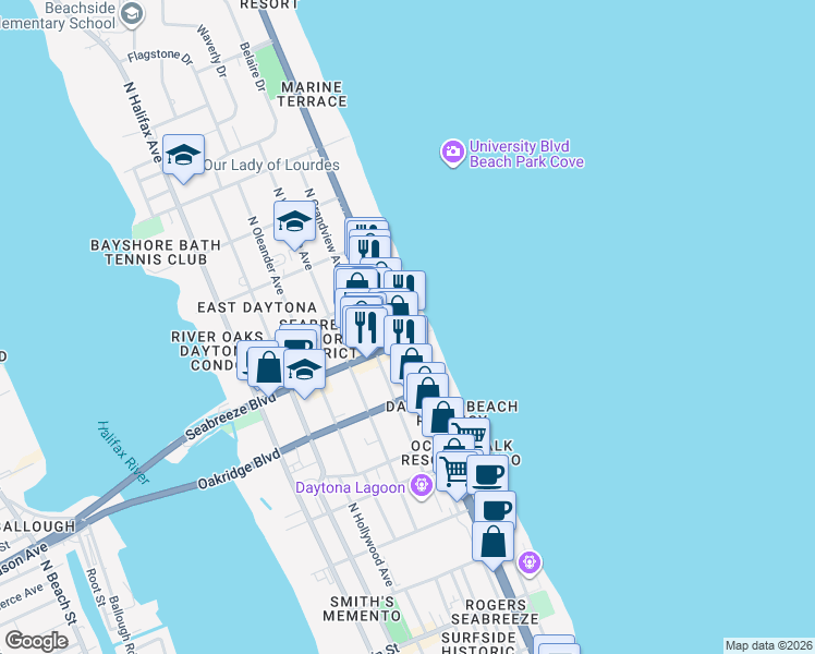 map of restaurants, bars, coffee shops, grocery stores, and more near 600 North Atlantic Avenue in Daytona Beach