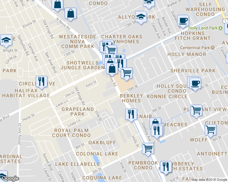 map of restaurants, bars, coffee shops, grocery stores, and more near 1520 North Nova Road in Daytona Beach