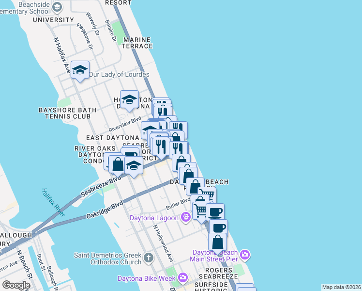 map of restaurants, bars, coffee shops, grocery stores, and more near 600 North Atlantic Avenue in Daytona Beach
