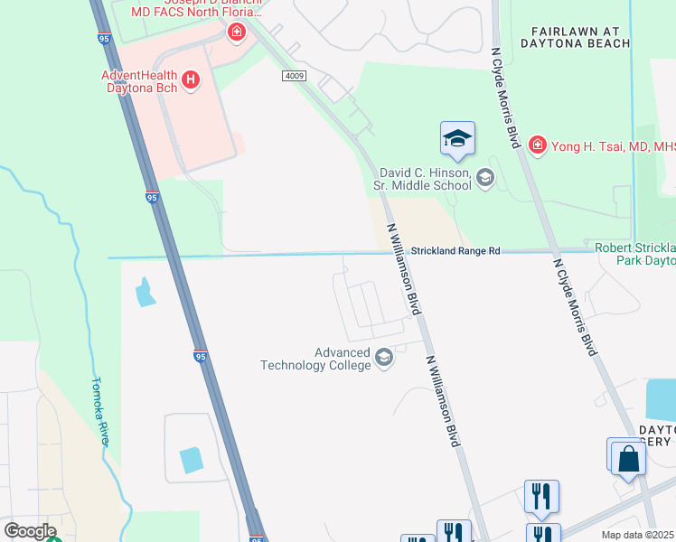 map of restaurants, bars, coffee shops, grocery stores, and more near 1850 North Williamson Boulevard in Daytona Beach