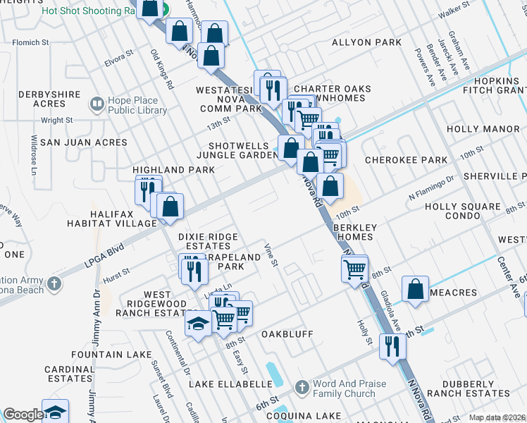 map of restaurants, bars, coffee shops, grocery stores, and more near 110 Palm Terrace in Daytona Beach