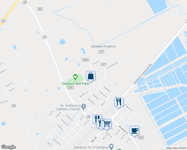 map of restaurants, bars, coffee shops, grocery stores, and more near 14926 County Road 530 in Danbury