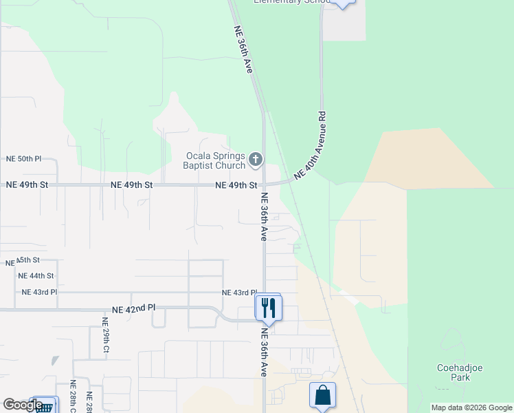 map of restaurants, bars, coffee shops, grocery stores, and more near 4820 Northeast 36th Avenue in Ocala