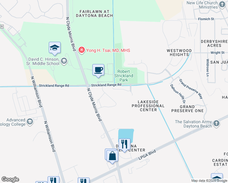 map of restaurants, bars, coffee shops, grocery stores, and more near 217 Tarracina Way in Daytona Beach
