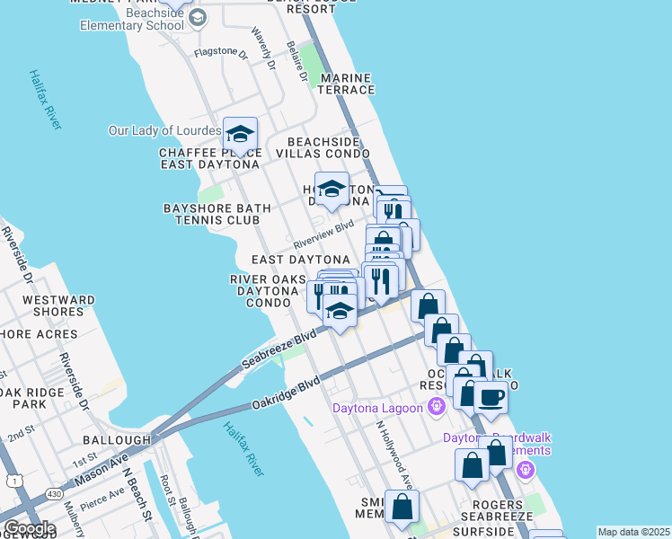 map of restaurants, bars, coffee shops, grocery stores, and more near 700 North Oleander Avenue in Daytona Beach