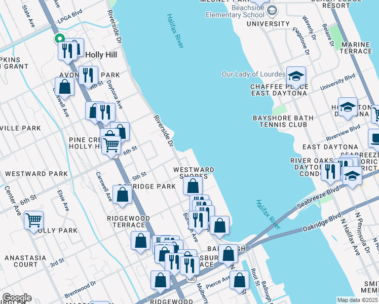 map of restaurants, bars, coffee shops, grocery stores, and more near 433 Silver Beach Drive in Holly Hill