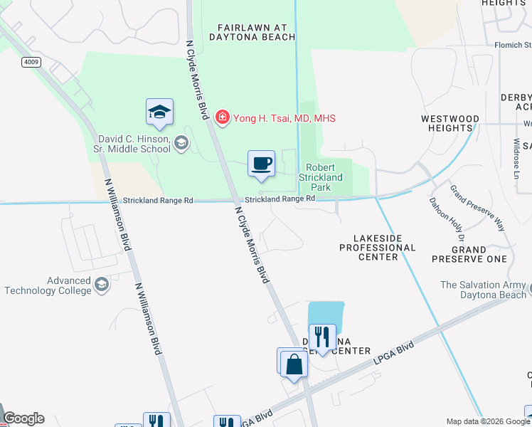 map of restaurants, bars, coffee shops, grocery stores, and more near 241 Tarracina Way in Daytona Beach