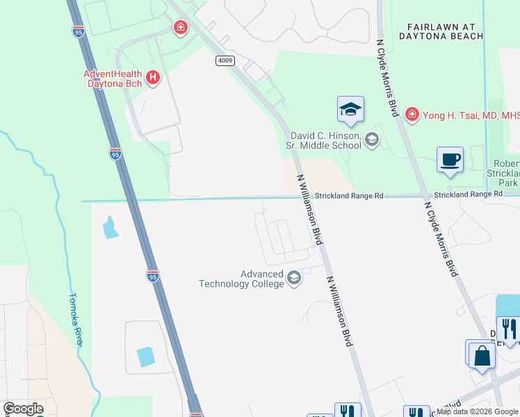map of restaurants, bars, coffee shops, grocery stores, and more near Strickland Range Road in Ormond Beach