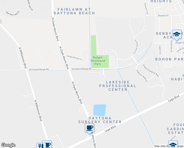 map of restaurants, bars, coffee shops, grocery stores, and more near 201 Tarracina Way in Daytona Beach