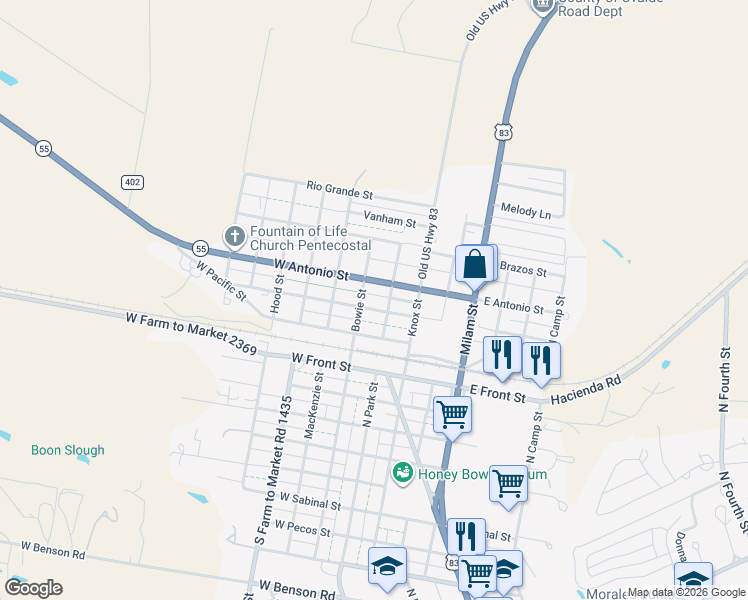 map of restaurants, bars, coffee shops, grocery stores, and more near 108 West Daniel Street in Uvalde