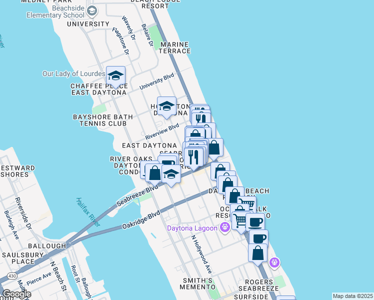 map of restaurants, bars, coffee shops, grocery stores, and more near 642 North Wild Olive Avenue in Daytona Beach