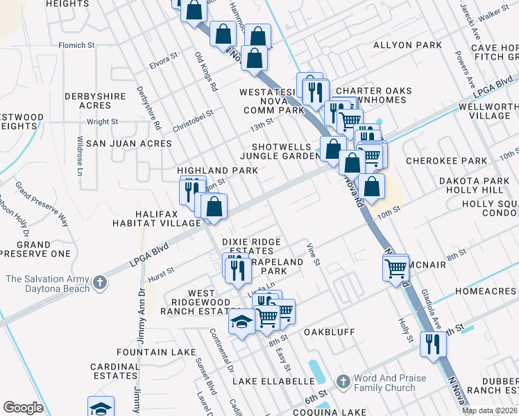 map of restaurants, bars, coffee shops, grocery stores, and more near 1205 Lpga Boulevard in Daytona Beach