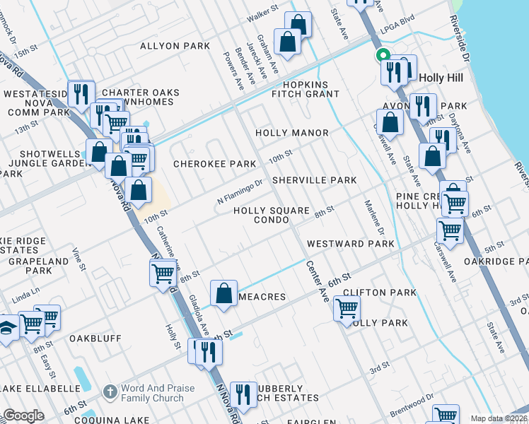map of restaurants, bars, coffee shops, grocery stores, and more near 840 Center Avenue in Holly Hill