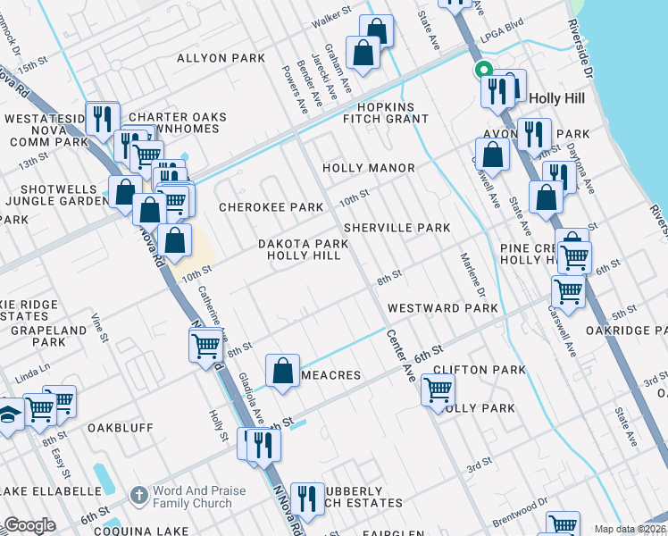 map of restaurants, bars, coffee shops, grocery stores, and more near 840 Center Avenue in Holly Hill