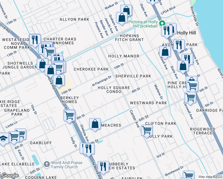 map of restaurants, bars, coffee shops, grocery stores, and more near 840 Center Avenue in Holly Hill