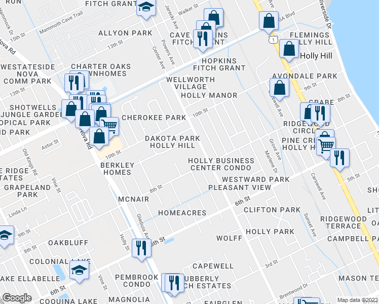 map of restaurants, bars, coffee shops, grocery stores, and more near 840 Center Street in Daytona Beach