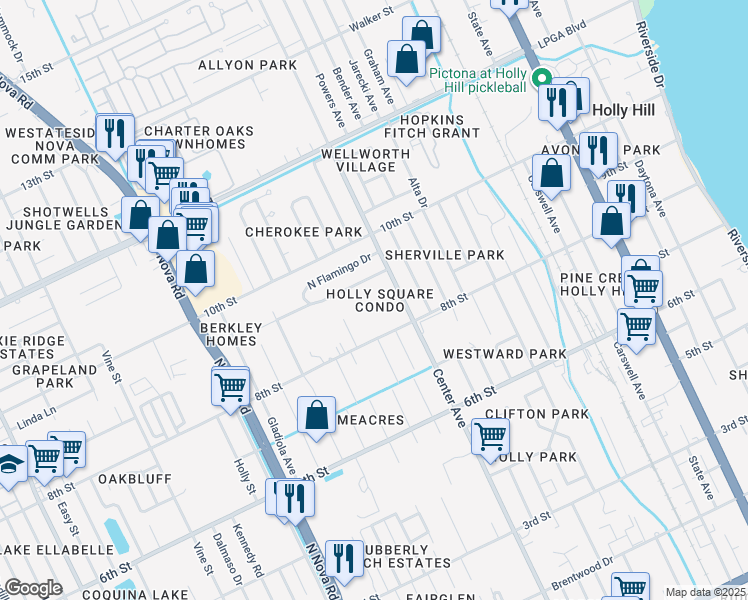 map of restaurants, bars, coffee shops, grocery stores, and more near 840 Center Avenue in Holly Hill
