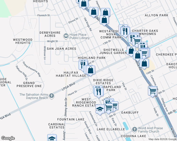 map of restaurants, bars, coffee shops, grocery stores, and more near 1110 Carmen Avenue in Daytona Beach