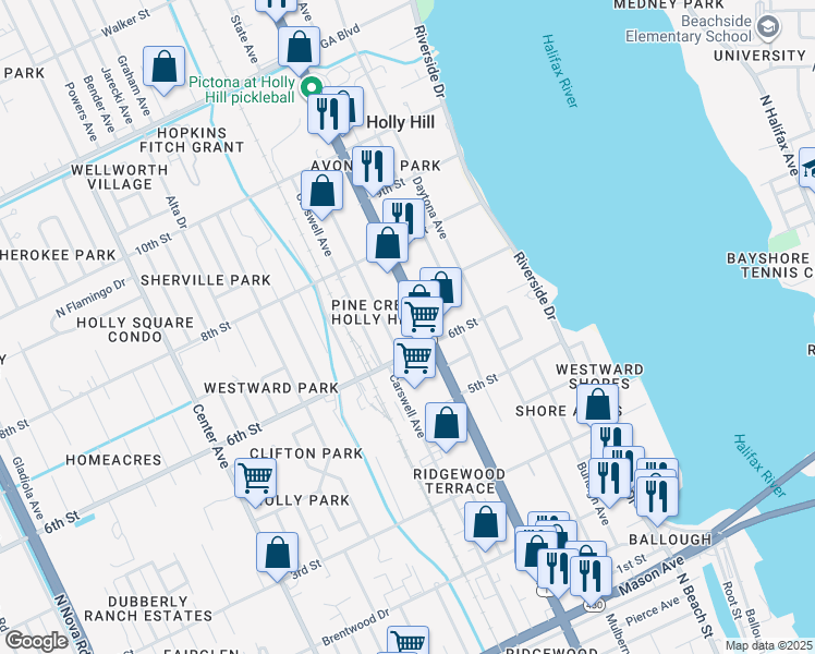 map of restaurants, bars, coffee shops, grocery stores, and more near 618 Ridgewood Avenue in Holly Hill