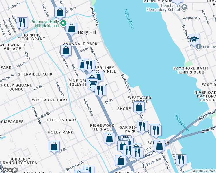 map of restaurants, bars, coffee shops, grocery stores, and more near 550 Daytona Avenue in Daytona Beach
