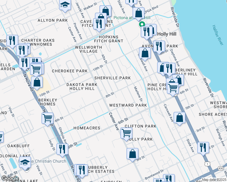 map of restaurants, bars, coffee shops, grocery stores, and more near 532 8th Street in Holly Hill