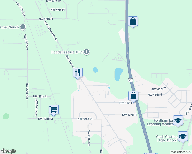 map of restaurants, bars, coffee shops, grocery stores, and more near 4623 NW Gainesville Rd in Ocala