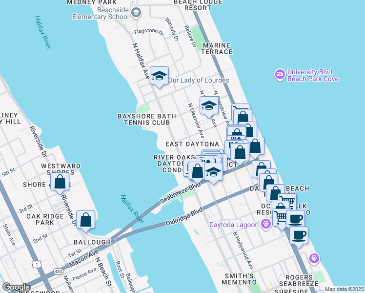 map of restaurants, bars, coffee shops, grocery stores, and more near in Daytona Beach