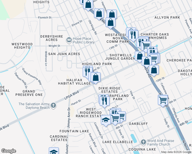 map of restaurants, bars, coffee shops, grocery stores, and more near 1110 Carmen Avenue in Daytona Beach