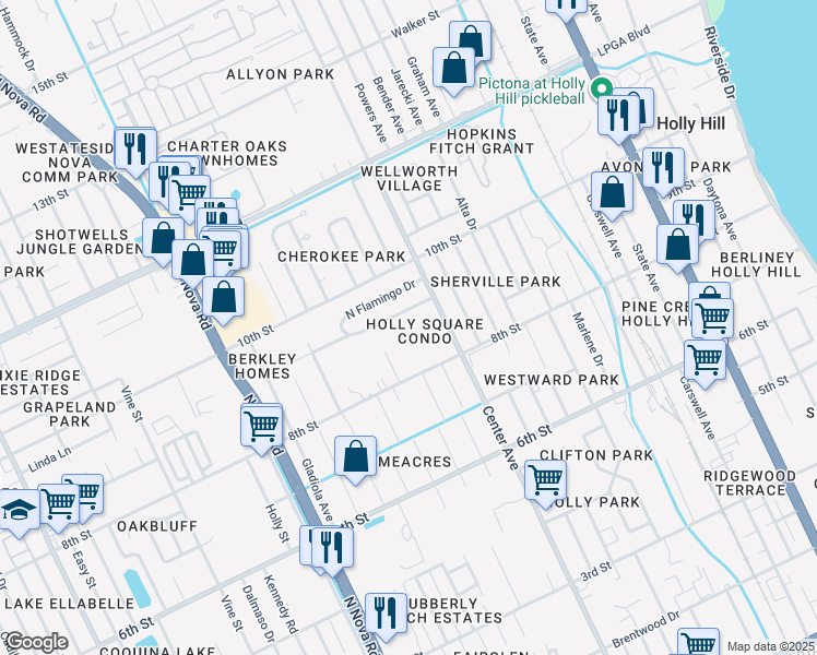 map of restaurants, bars, coffee shops, grocery stores, and more near 840 Center Avenue in Holly Hill