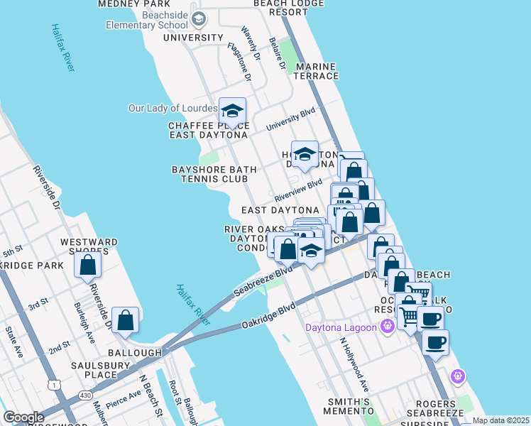 map of restaurants, bars, coffee shops, grocery stores, and more near in Daytona Beach