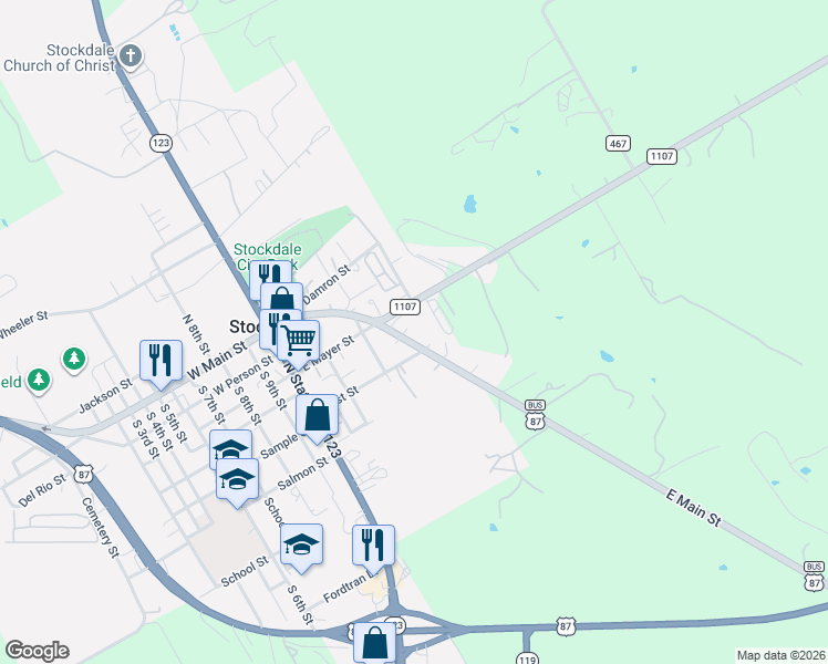 map of restaurants, bars, coffee shops, grocery stores, and more near 310 U.S. 87 Business in Stockdale