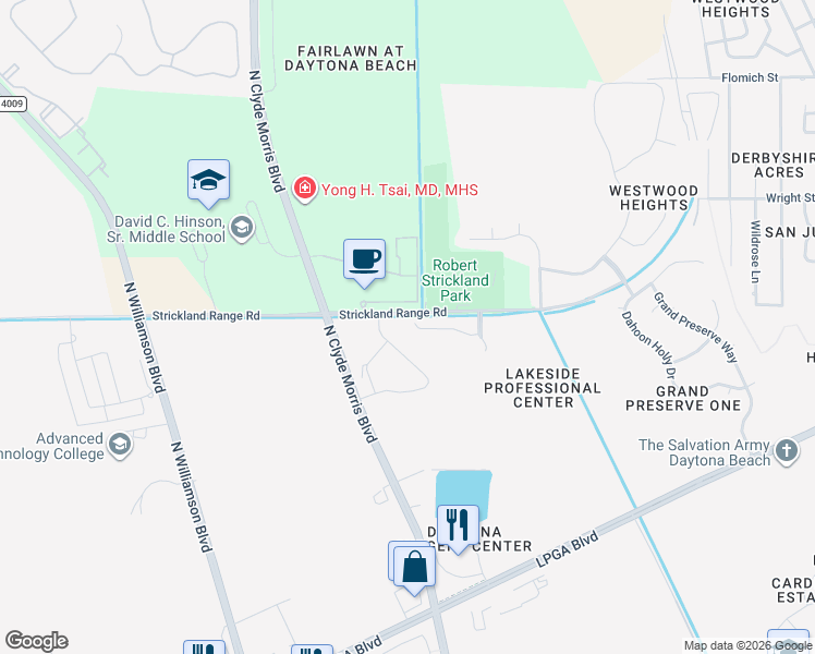 map of restaurants, bars, coffee shops, grocery stores, and more near 241 Tarracina Way in Daytona Beach