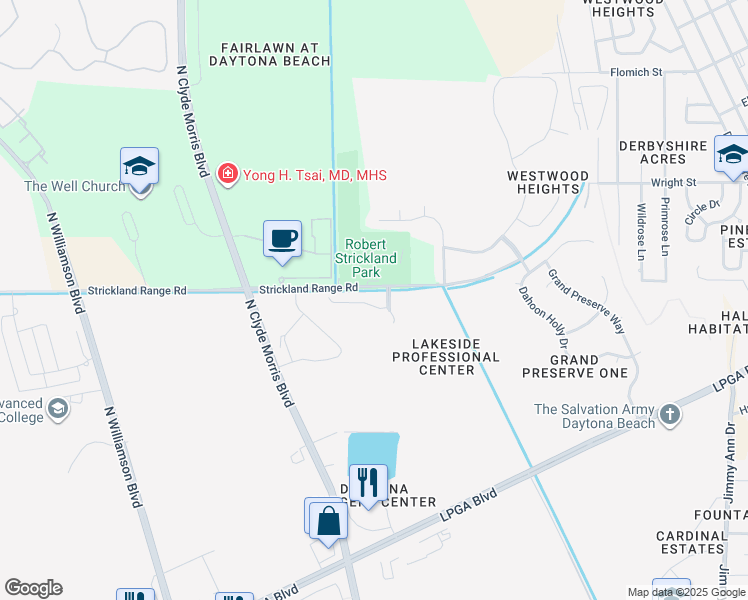map of restaurants, bars, coffee shops, grocery stores, and more near 124 Tarracina Way in Daytona Beach