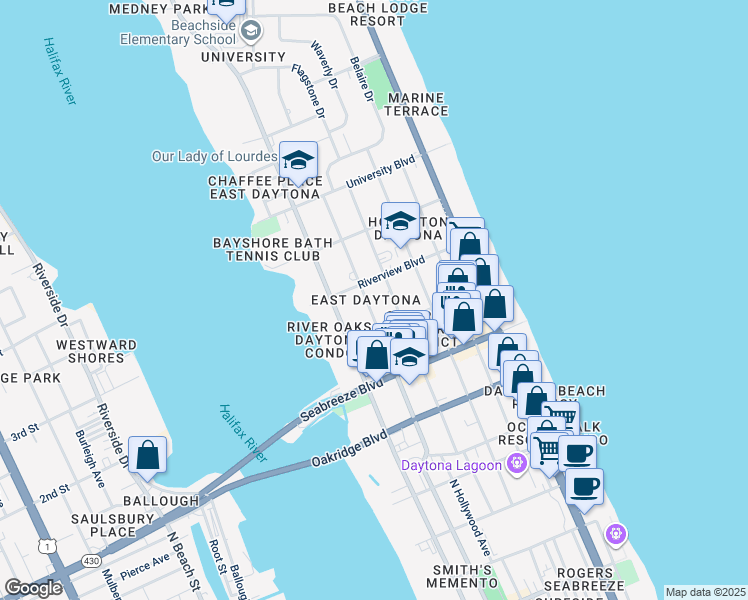 map of restaurants, bars, coffee shops, grocery stores, and more near 722 North Peninsula Drive in Daytona Beach