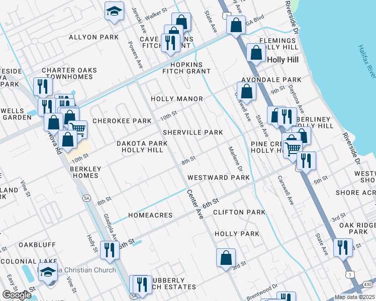 map of restaurants, bars, coffee shops, grocery stores, and more near 532 8th Street in Holly Hill