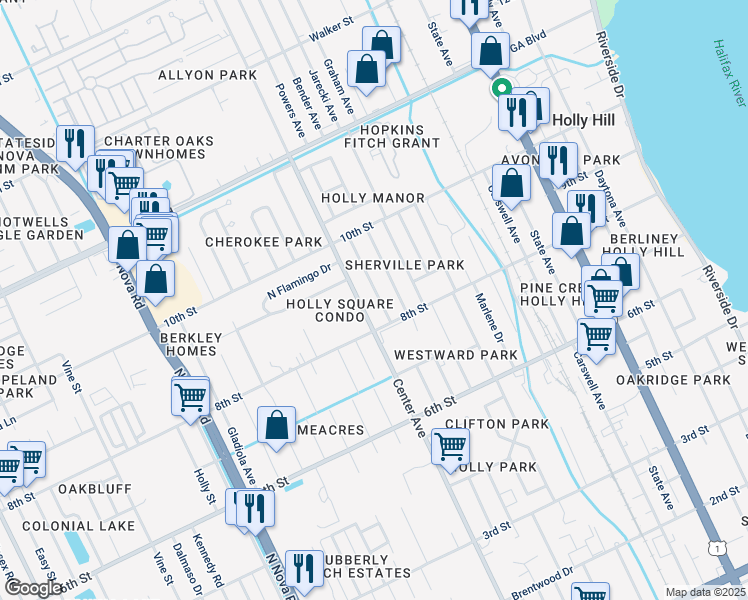 map of restaurants, bars, coffee shops, grocery stores, and more near 823 Center Avenue in Daytona Beach