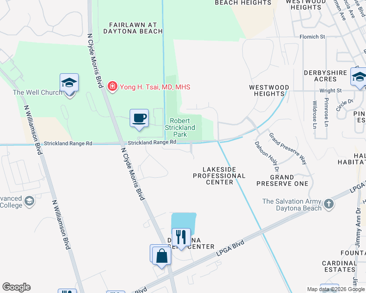 map of restaurants, bars, coffee shops, grocery stores, and more near 132 Tarracina Way in Daytona Beach