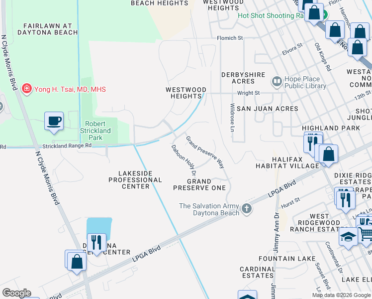 map of restaurants, bars, coffee shops, grocery stores, and more near 320 Dahoon Holly Drive in Daytona Beach