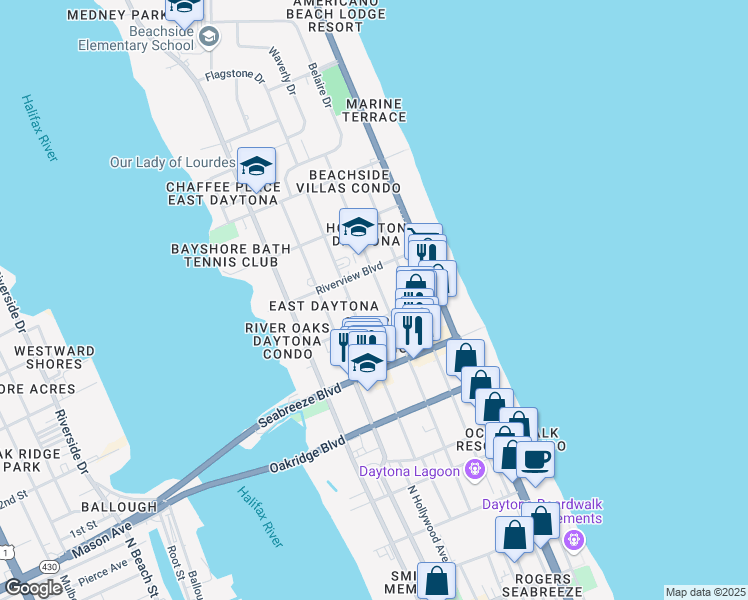 map of restaurants, bars, coffee shops, grocery stores, and more near 700 North Oleander Avenue in Daytona Beach