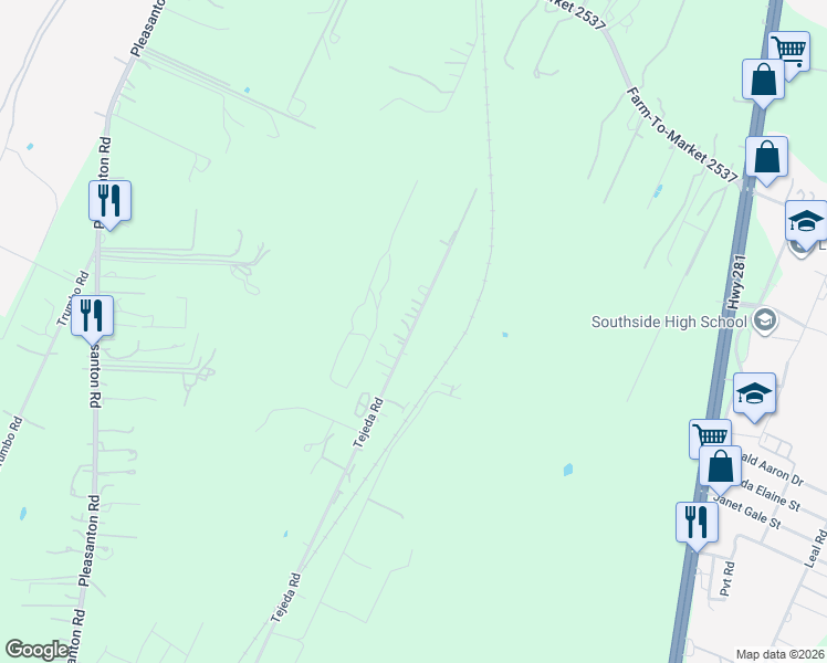 map of restaurants, bars, coffee shops, grocery stores, and more near 19050 Tejeda Road in San Antonio