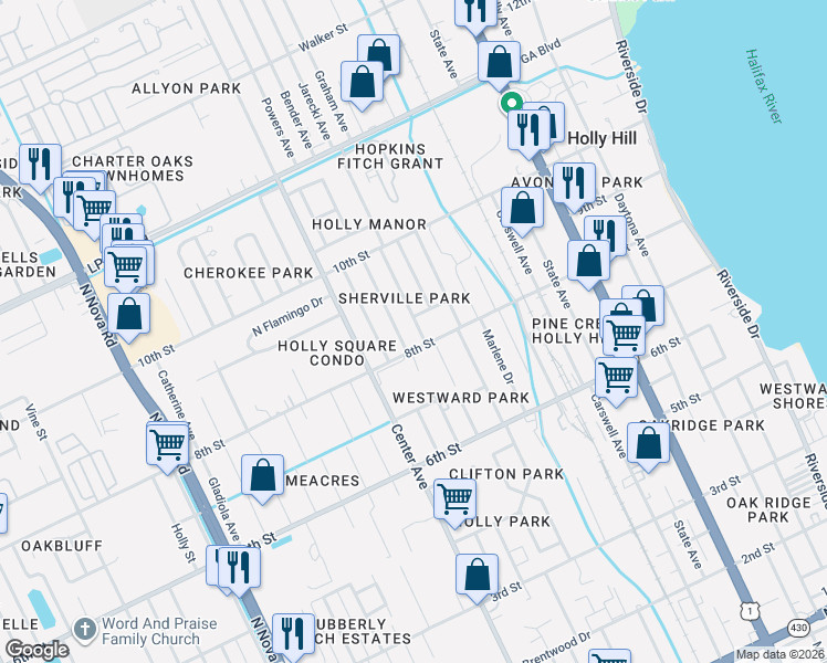 map of restaurants, bars, coffee shops, grocery stores, and more near 532 8th Street in Holly Hill