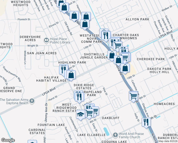 map of restaurants, bars, coffee shops, grocery stores, and more near 1205 LPGA Boulevard in Daytona Beach